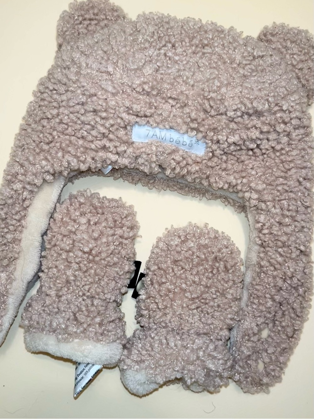 7 A.M. Enfant Teddy Cub Hat & Mittens Set Beige Barely Used 0-6 Months
